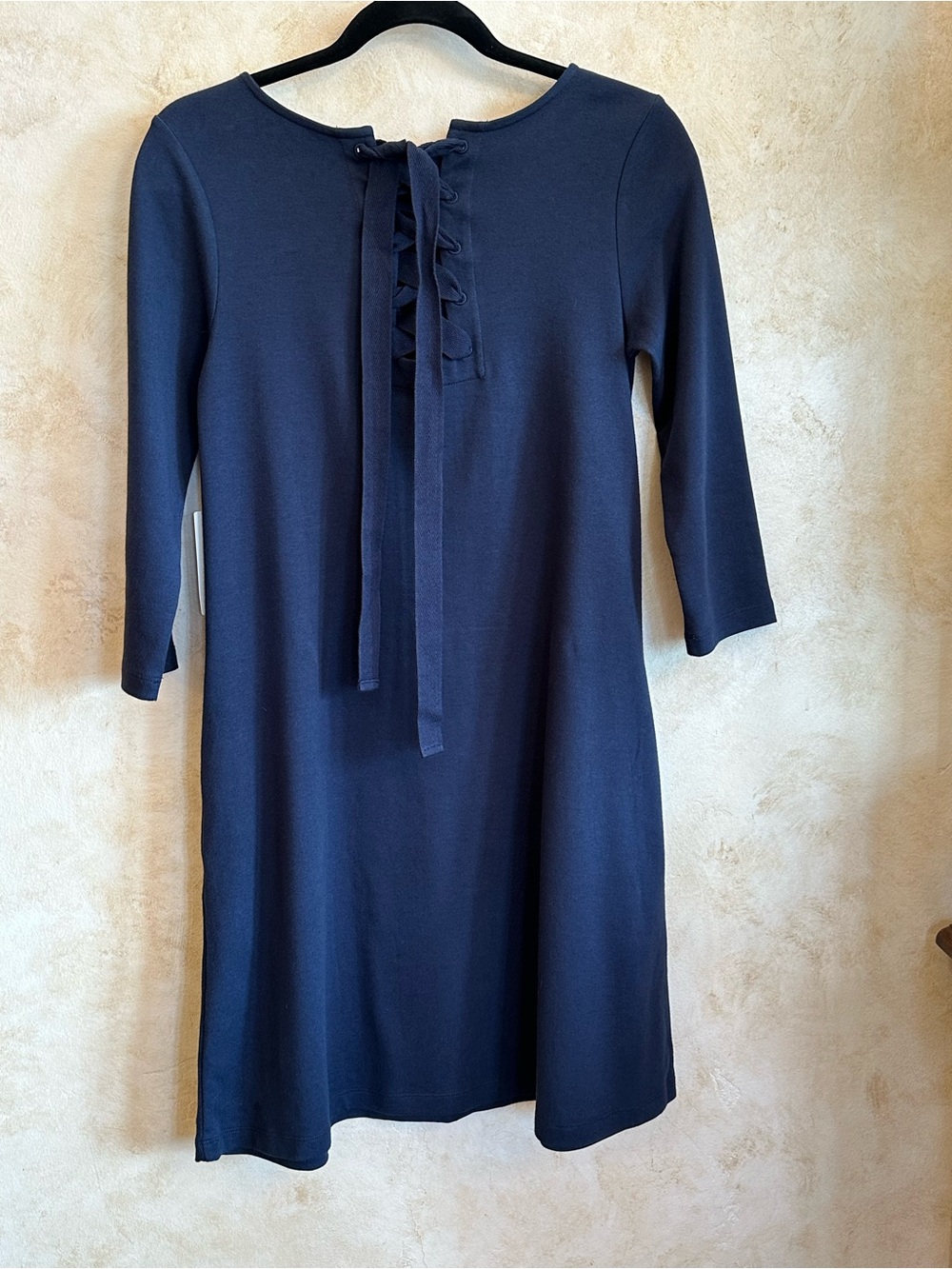 1901 Navy Long Sleeve Shift Dress with pockets Cotton Elegant Unique back tie
